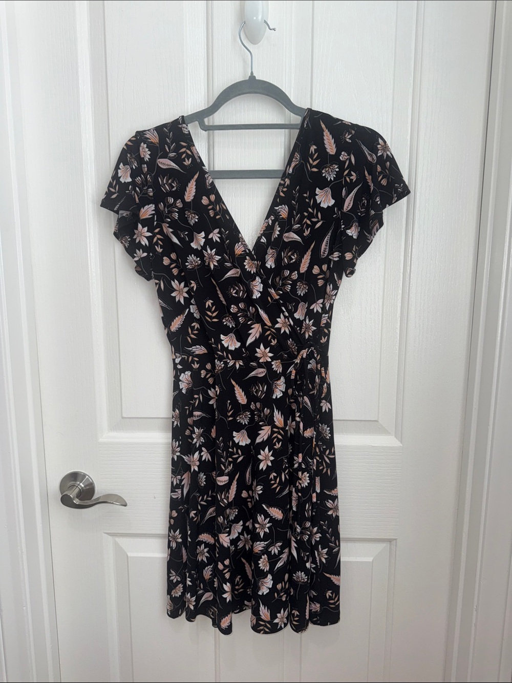 Kaileigh Black Floral Wrap Mini Dress with Flutter Sleeves - Women’s Size Small